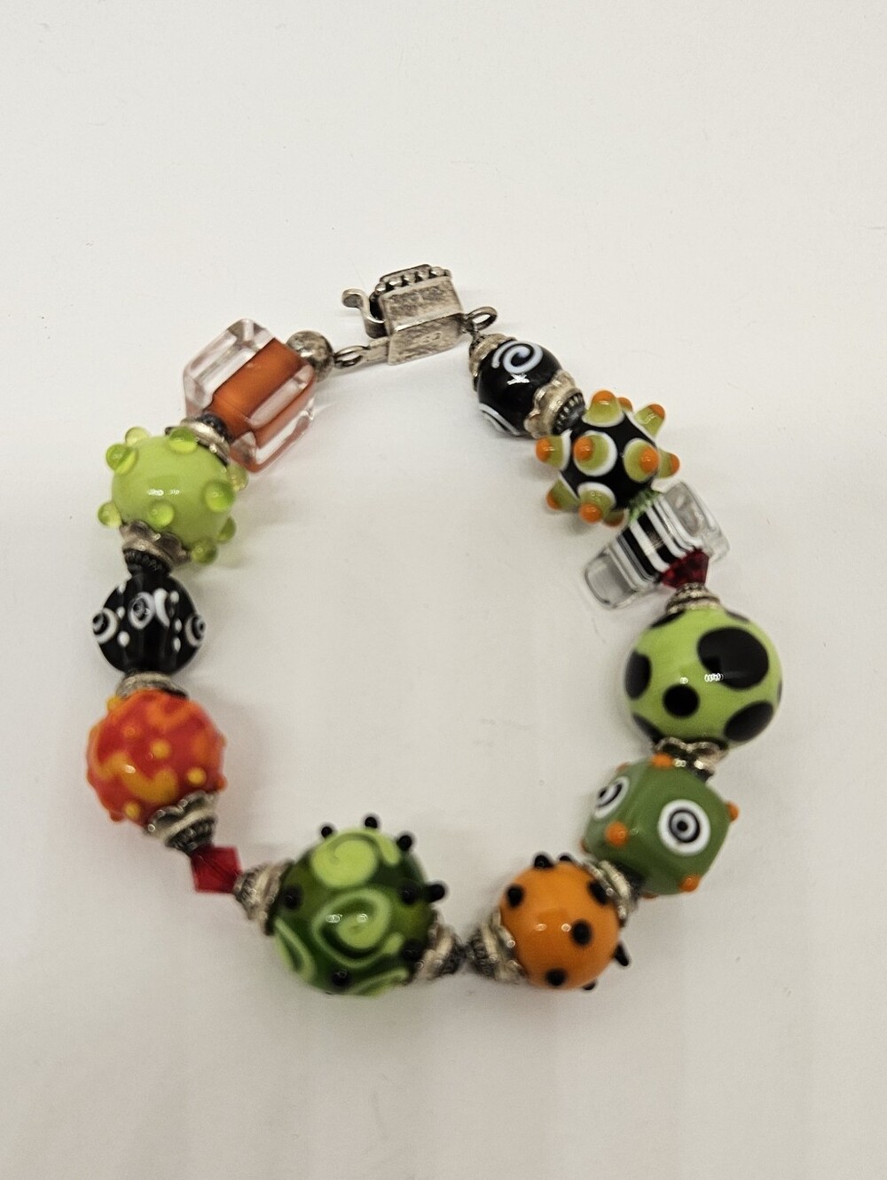 Art Glass Lampwork Halloween Bracelet 925 Sterling Silver Vintage Orange Black
